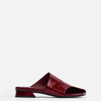Melanie Dark Red Crinkled Patent Leather Mules - Side View - POEVE Collection