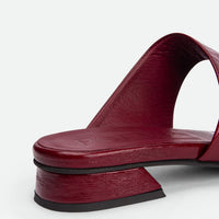 Melanie Dark Red Crinkled Patent Leather Mules - Heel Close-up View - POEVE Collection
