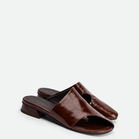 Melanie Brown Crinkled Patent Leather Mules - Angled Side View - POEVE Collection