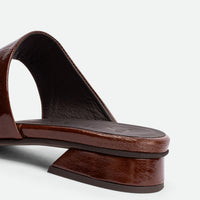 Melanie Brown Crinkled Patent Leather Mules - Heel Close-up View - POEVE Collection