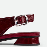 Christin Red Crinkled Patent Leather Slingbacks - Heel Close-up View - POEVE Collection