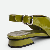 Christin Green Crinkled Patent Leather Slingback Sandals - Back Close-up View - POEVE Collection