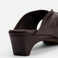 Adele Brown Leather Heel Mules - Heel Close-up View - POEVE Collection