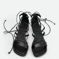 Muse Black Leather Heel Lace-up Sandals - Top View - POEVE Collection