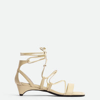 Muse Beige Leather Heel Lace-up Sandals - Side View - POEVE Collection