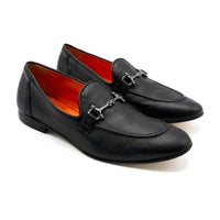 Harry Black Leather Loafers with Metal Buckle - Angled Side View - POEVE Collection