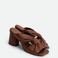 Fleur Chocolate Leather Heel Mules - Angled Side View - POEVE Collection
