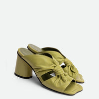 Fleur Green Leather Heel Mules - Angled Side View - POEVE Collection