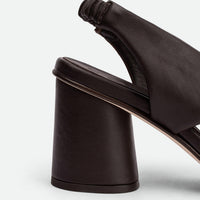 Sasha Brown Leather Heel Sandals - Heel Close-up View - POEVE Collection