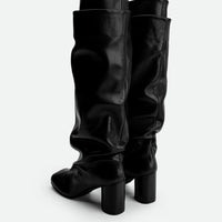 Hazel Black Leather Heel Tall Boots - Back View - POEVE Collection
