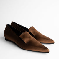 Tara Brown Satin Flat Loafers - Angled Side View - POEVE Collection