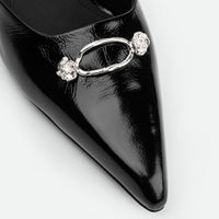 Eunice Black Patent Leather Heel Mules - Toe Close-up View - POEVE Collection
