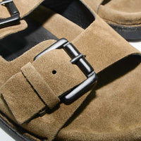 Rory Brown Crust Leather Mules with Metal Buckles - Buckle Close-up View - POEVE Collection