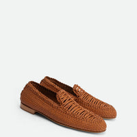 Carola Brown Hand-Woven Leather Loafers - Angled Side View - POEVE Collection