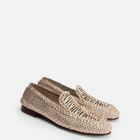 Carola Platinum Laminated Hand-Woven Leather Loafers - Angled Side View - POEVE Collection