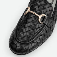 Elizabeth Black Hand-Woven Leather Loafers - Toe Close-up View - POEVE Collection