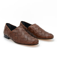 Sand Brown Hand-Woven Leather Loafers - Angled Side View - POEVE Collection