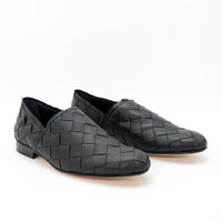 Sand Black Hand-Woven Leather Loafers - Angled Side View - POEVE Collection