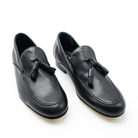 Aidan Black Leather Loafers with Leather Tassel - Angled Side View - POEVE Collection