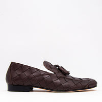 Aidan Coffee Woven Leather Loafers with Leather Tassel - Side View - POEVE Collection
