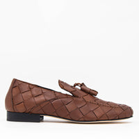 Aidan Cognac Woven Leather Loafers with Leather Tassel - Side View - POEVE Collection