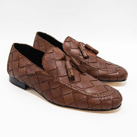 Aidan Cognac Woven Leather Loafers with Leather Tassel - Three-Quarters View - POEVE Collection