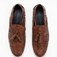 Aidan Cognac Woven Leather Loafers with Leather Tassel - Top View - POEVE Collection