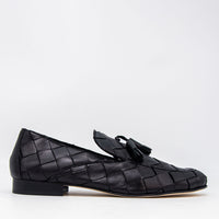 Aidan Black Woven Leather Loafers with Leather Tassel - Side View - POEVE Collection