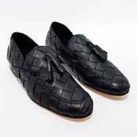 Aidan Black Woven Leather Loafers with Leather Tassel - Angled Side View - POEVE Collection