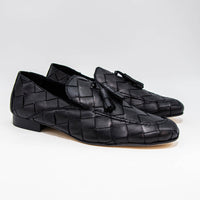 Aidan Black Woven Leather Loafers with Leather Tassel - Three-quarter View - POEVE Collection