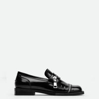 Ayko Black Brushed Leather Loafers with Metal Zipper- Side View - POEVE Collection