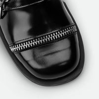 Ayko Black Brushed Leather Loafers with Metal Zipper- Toe Close-up View - POEVE Collection