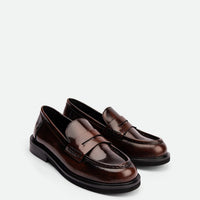 Ahri Brown Brushed Leather Penny Loafer – Angled View – POEVE Collection