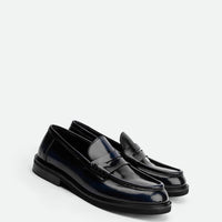 Ahri Blue Brushed Leather Penny Loafer – Angled View – POEVE Collection