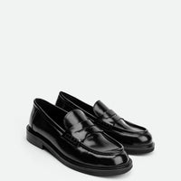 Ahri Black Brushed Leather Penny Loafer – Angled View – POEVE Collection