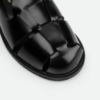 Raven Black Brushed Leather Fisherman Sandals - Toe Close-up View - POEVE Collection