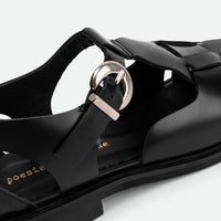 Raven Black Brushed Leather Fisherman Sandals - Buckle Close-up View - POEVE Collection