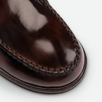 Alix Cognac Brushed Leather Slingback Loafers - Toe Close-up View - POEVE Collection