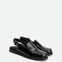 Alix Black Brushed Leather Slingback Loafers - Angled Side View - POEVE Collection