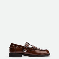 Frances Cognac Brushed Leather Loafers with Metal Buckles - Side View - POEVE Collection