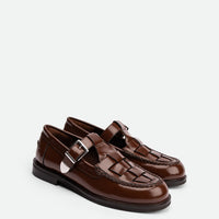 Frances Cognac Brushed Leather Loafers with Metal Buckles - Angled Side View - POEVE Collection