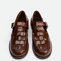 Frances Cognac Brushed Leather Loafers with Metal Buckles - Top View - POEVE Collection