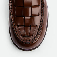 Frances Cognac Brushed Leather Loafers with Metal Buckles - Toe Close-up View - POEVE Collection