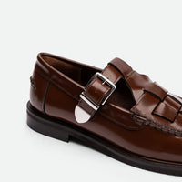 Frances Cognac Brushed Leather Loafers with Metal Buckles - Side Close-up View - POEVE Collection