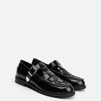 Frances Black Brushed Leather Loafers with Metal Buckles - Angled Side View - POEVE Collection