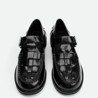 Frances Black Brushed Leather Loafers with Metal Buckles - Top View - POEVE Collection