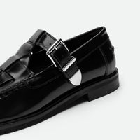 Frances Black Brushed Leather Loafers with Metal Buckles - Side Close-up View - POEVE Collection