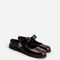 Maris Brown Crinkled Patent Leather Mules - Angled Side View - POEVE Collection