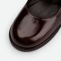 Maris Brown Crinkled Patent Leather Mules - Toe Close-up View - POEVE Collection
