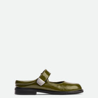Maris Green Crinkled Patent Leather Mules - Side View - POEVE Collection